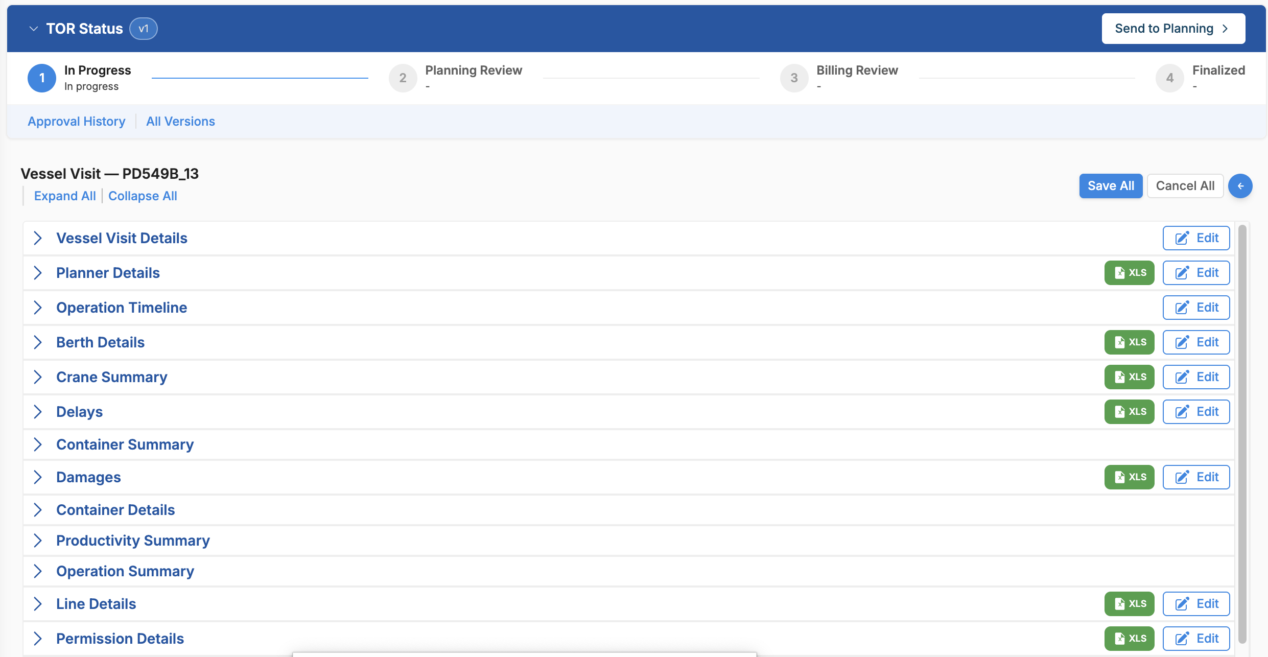 Turi Vessel Visit Details showing TOR status workflow, planning review, and operational sections